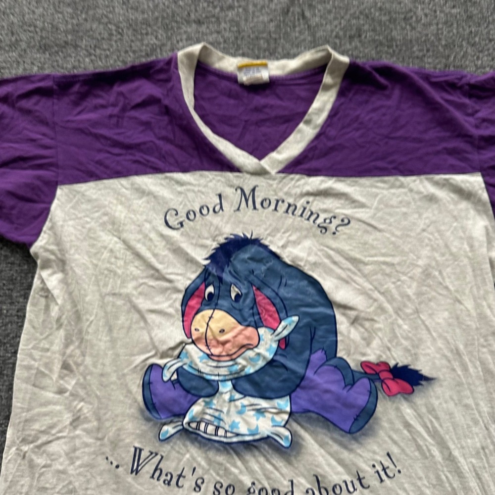 Disney Pooh T-Shirt Womens OS Purple Ash Gray Eeyore Graphic V-Neck Colorblock
